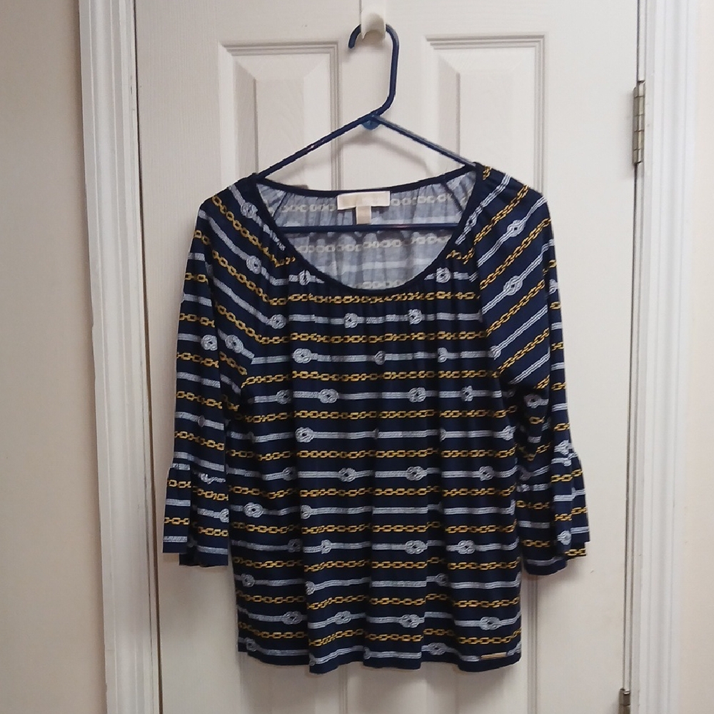 Michael Kors Nautical Navy Gold Chain Rope Bell Sleeve Peasant Top L - Picture 4 of 12